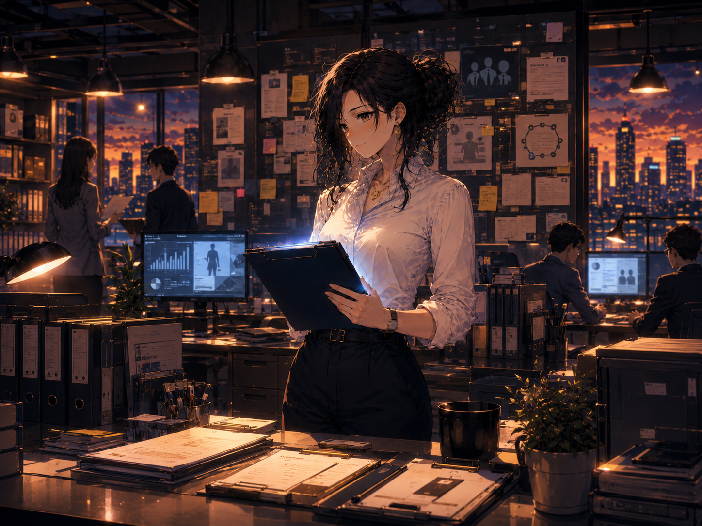 Hana Resources in the HR Daily newsroom with clipboards, policy boards, and office monitors
