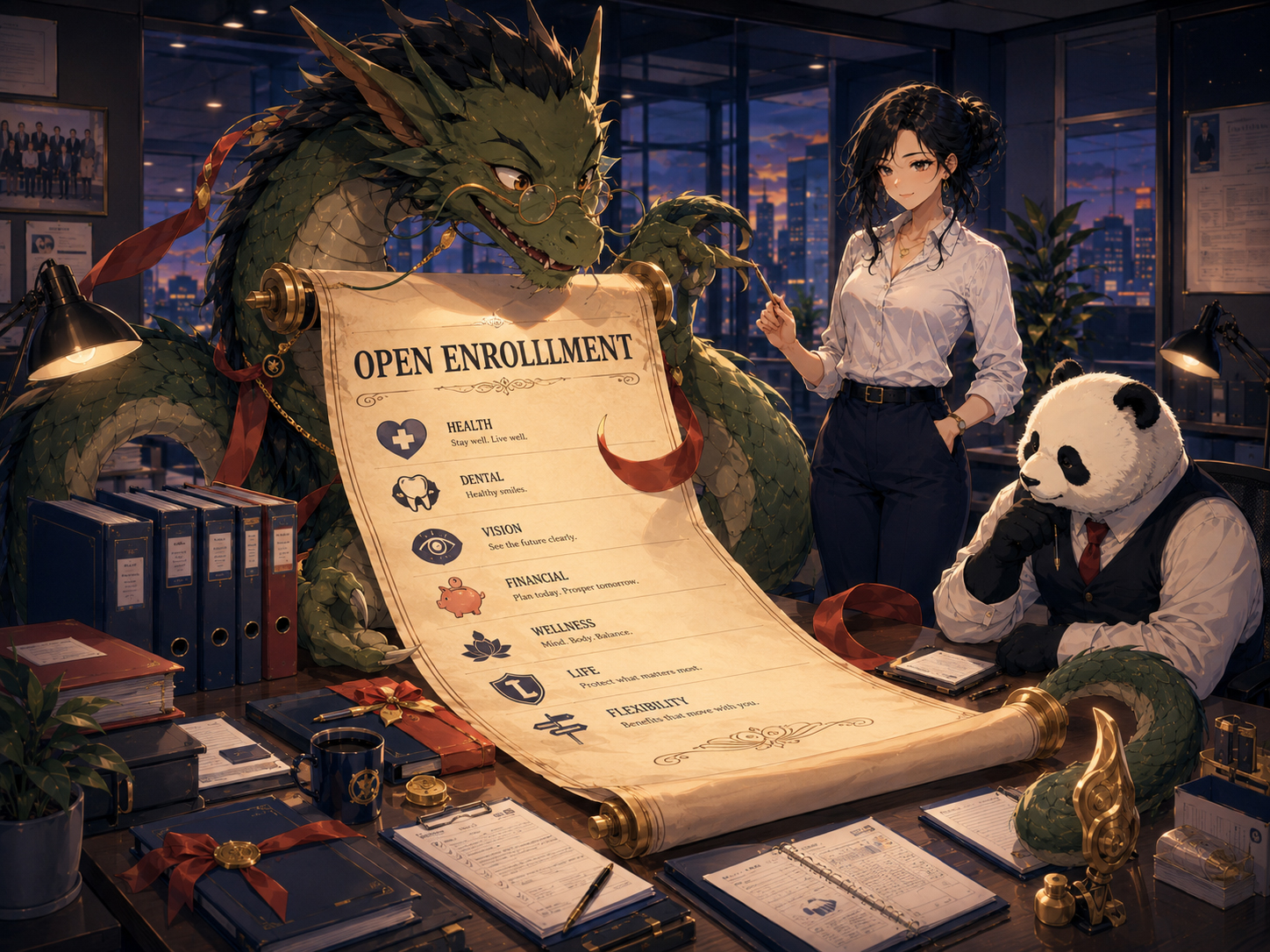 Benefits Dragon presenting an open enrollment scroll in an office