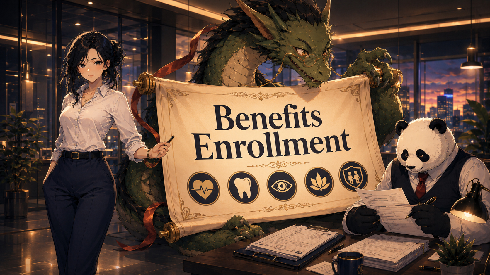 Benefits enrollment banner with Benefits Dragon