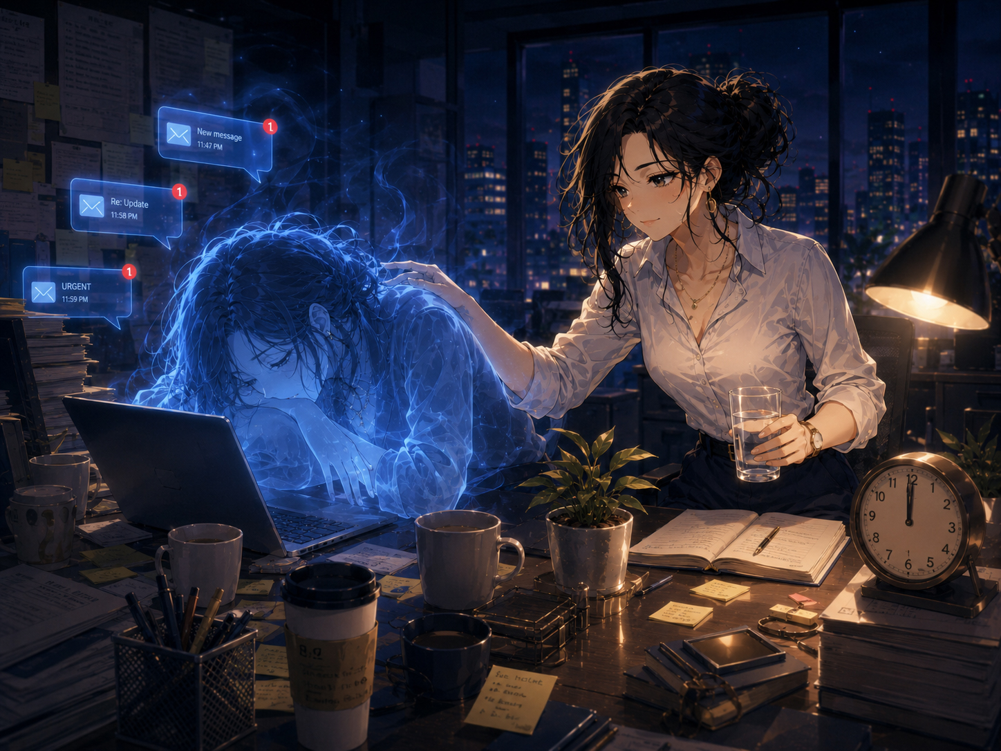 Burnout and balance at a midnight laptop
