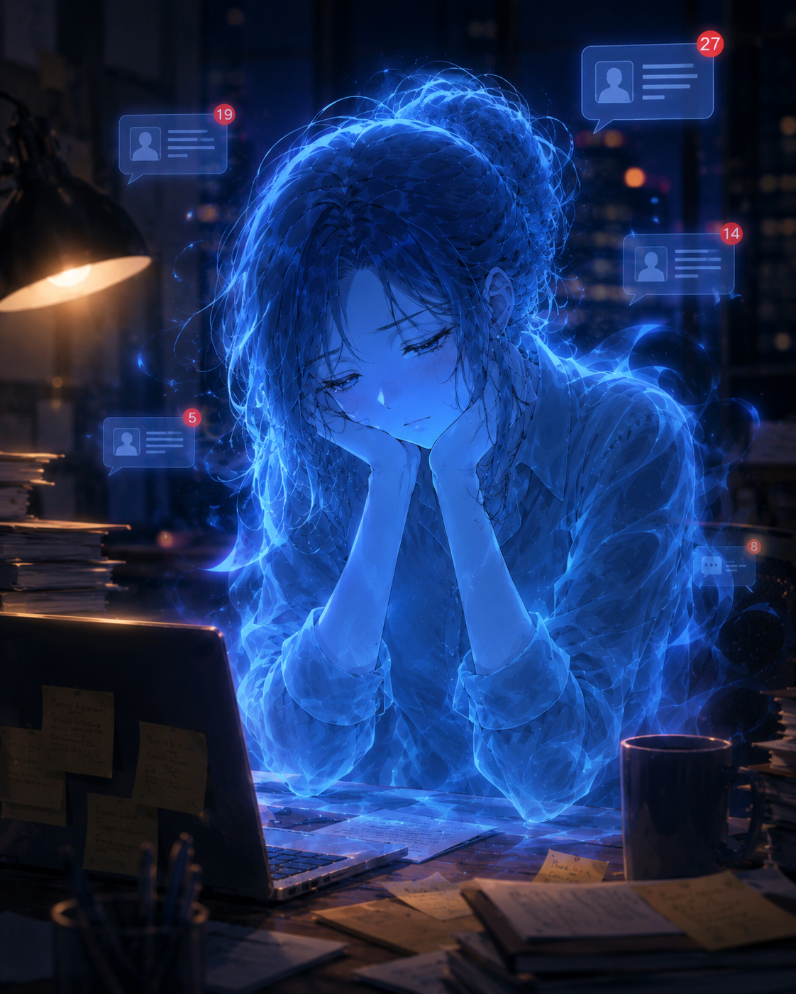 Burnout Ghost character portrait glowing blue in a late-night office with message notifications