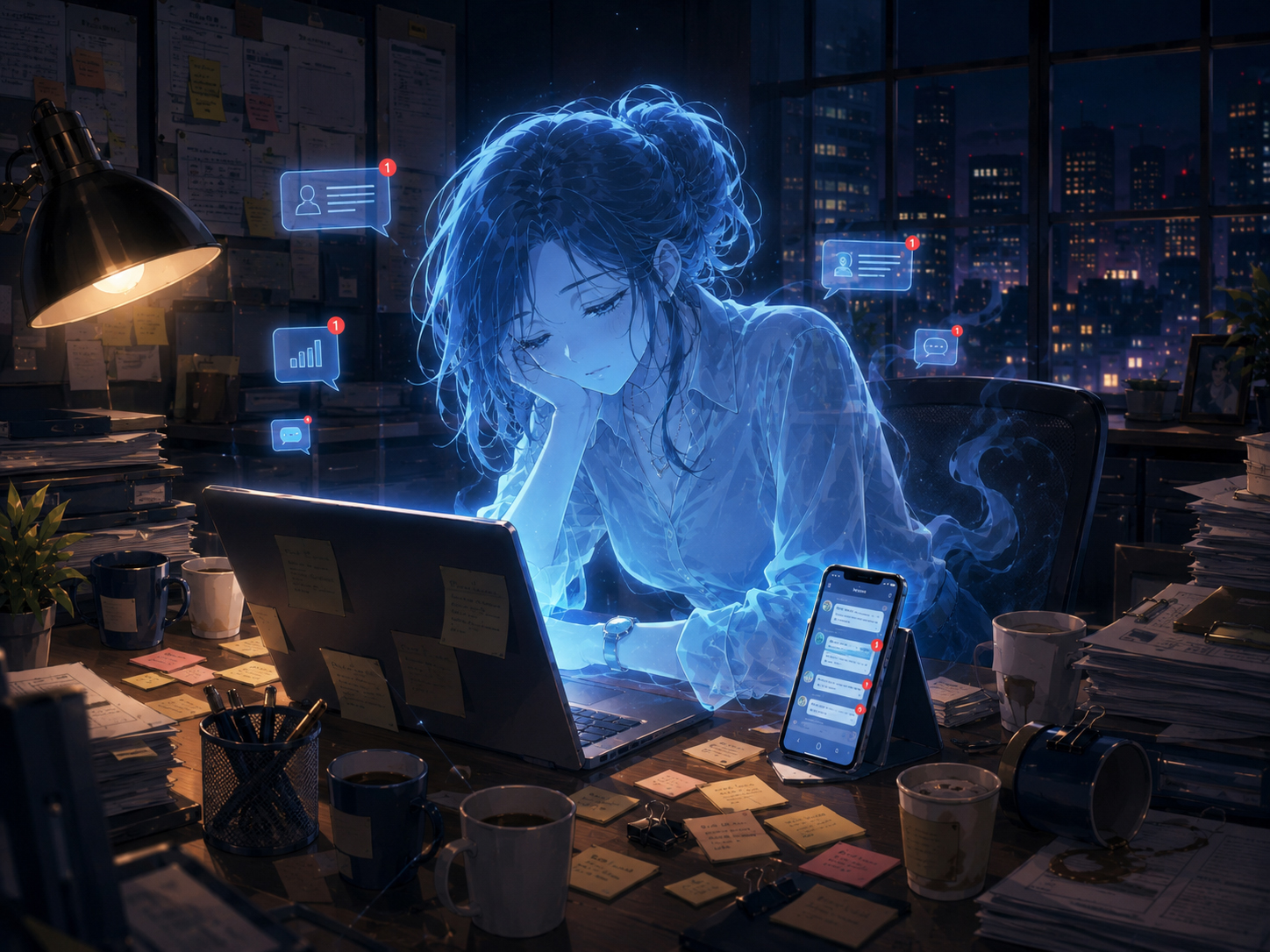 Burnout Ghost hovering over a late-night laptop with generic message notifications