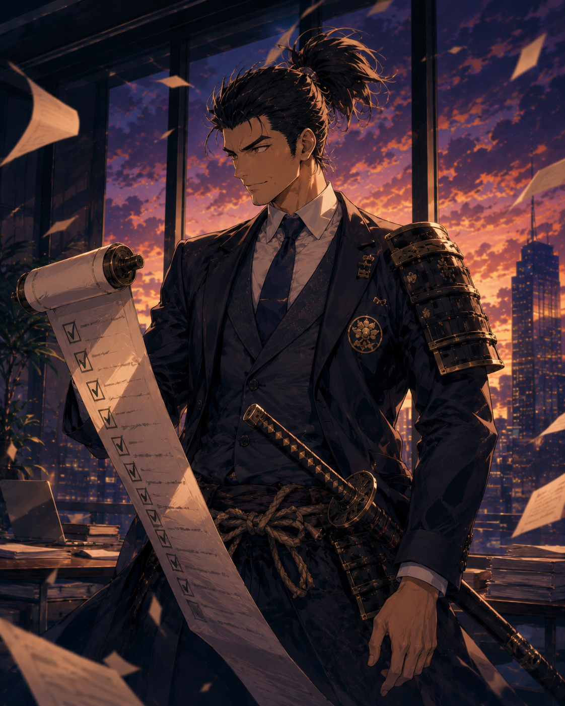 Compliance Samurai character portrait in a modern office with policy scroll and samurai-inspired business attire
