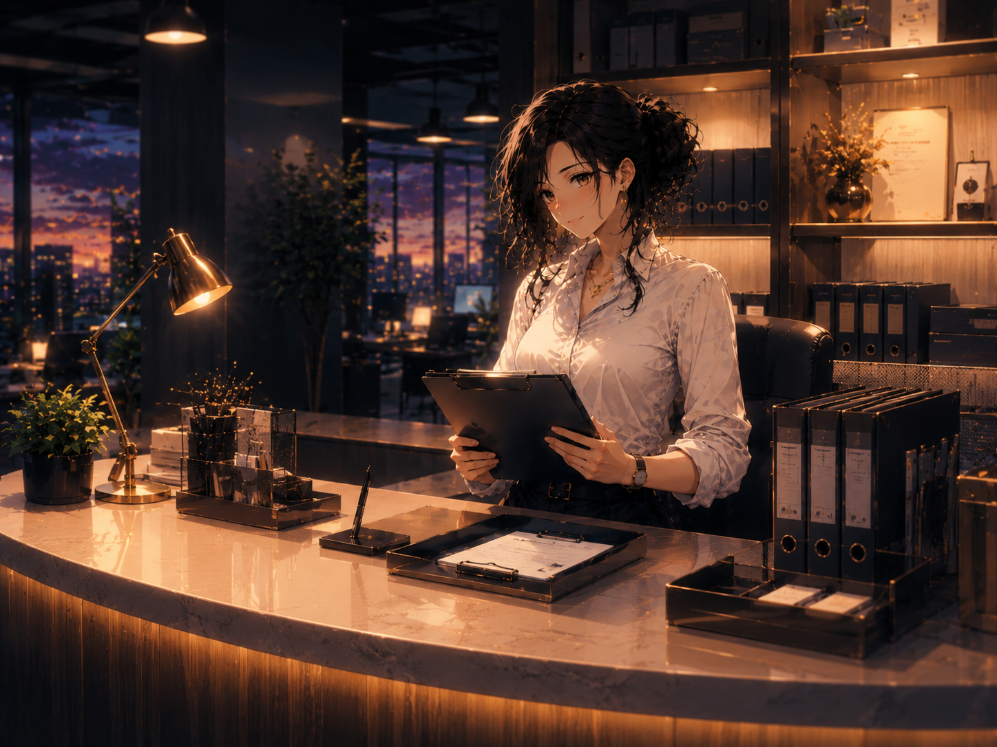 Friendly HR front desk in a polished office at dusk