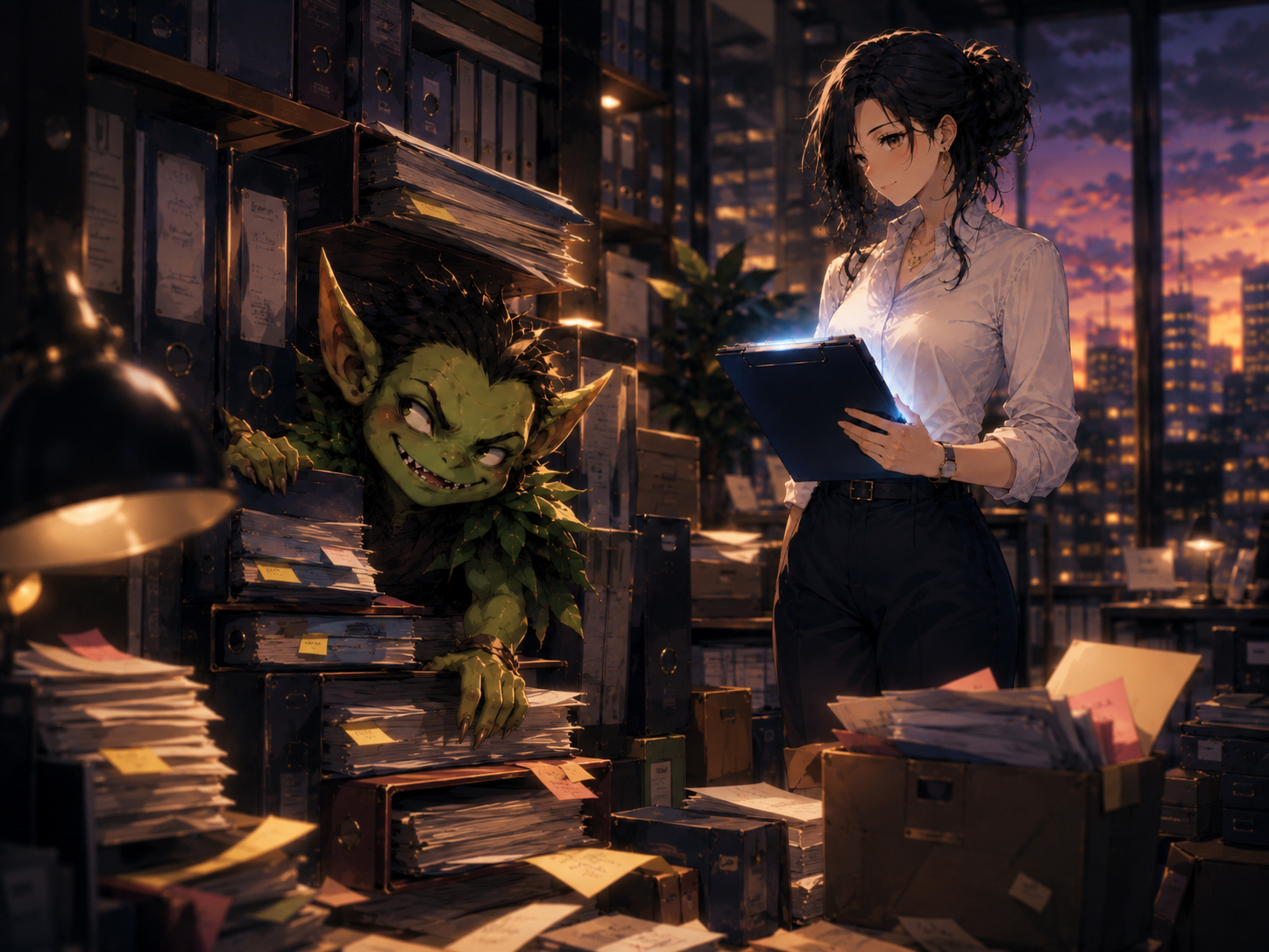 Policy Goblin in an HR policy library filled with employee handbooks and binders