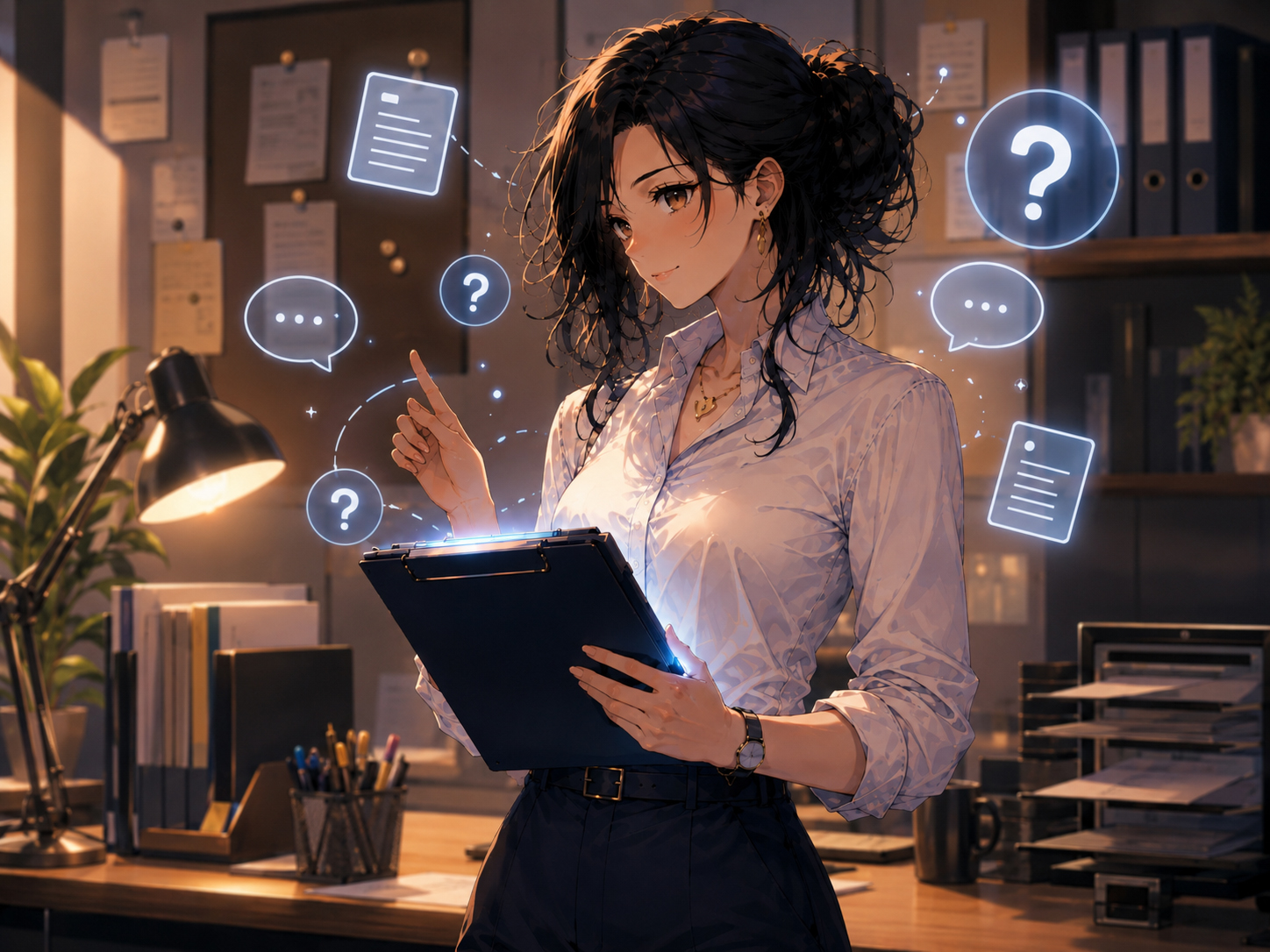 Hana Resources holding a glowing clipboard surrounded by question marks in an HR office