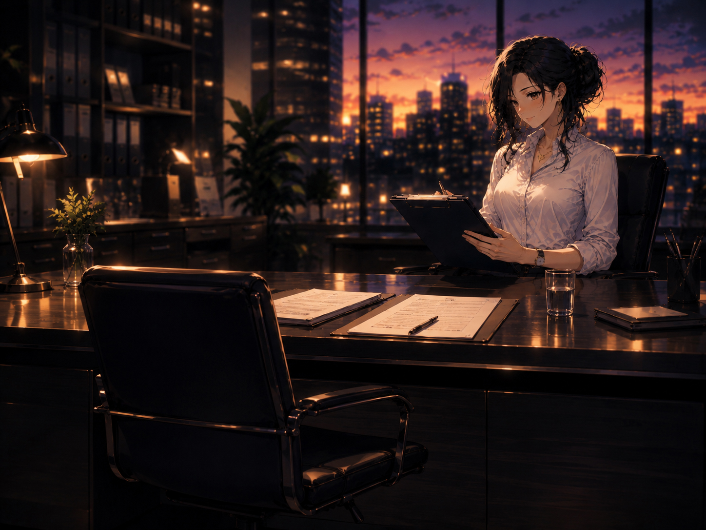Empty candidate chair facing an interview table in a polished HR office at dusk
