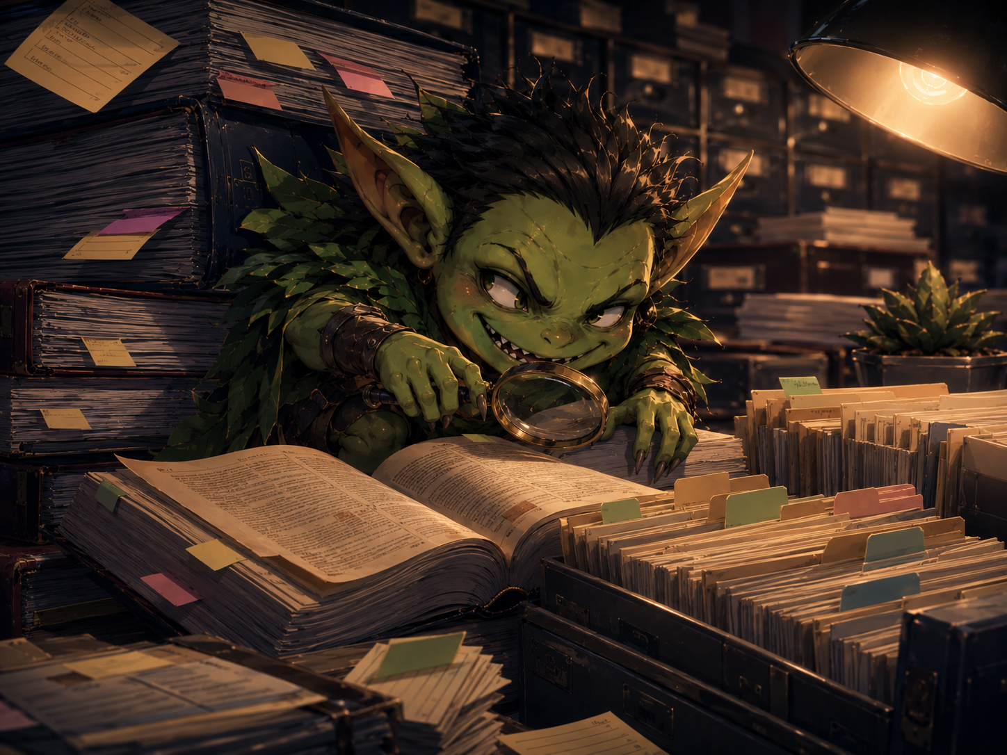 Policy Goblin studying an oversized HR glossary book.