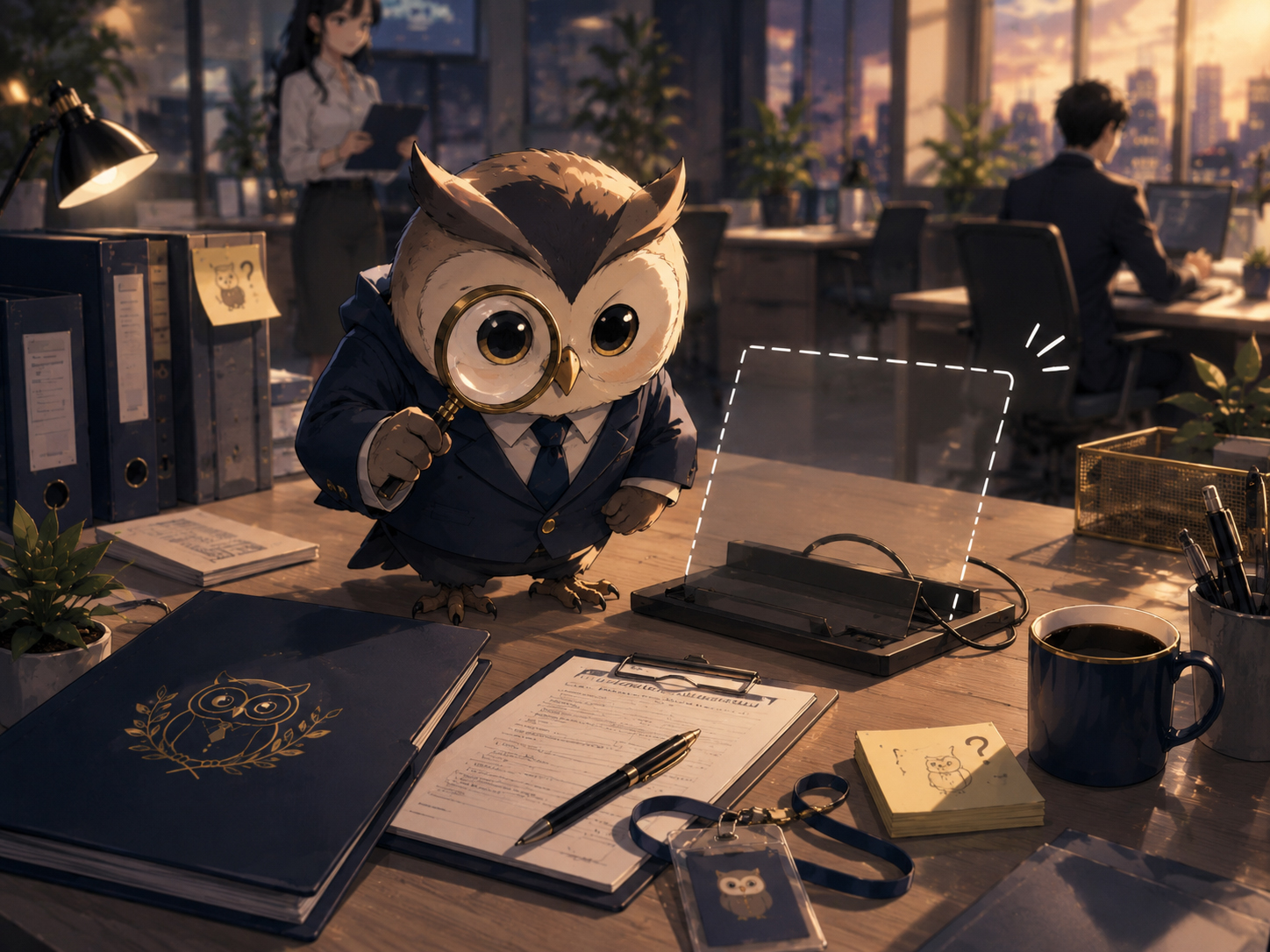 Onboarding Owl investigating a missing laptop at a new hire desk