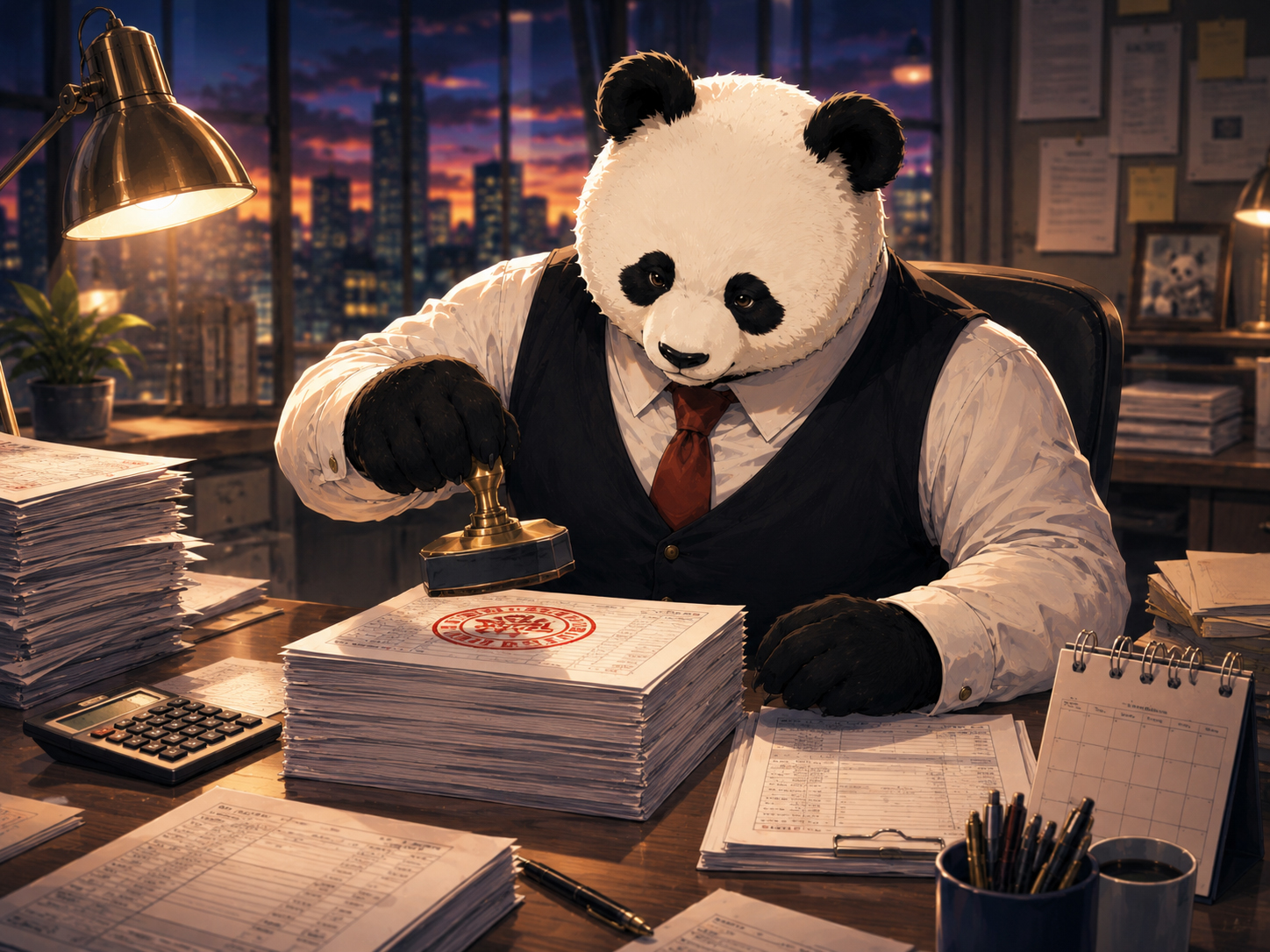 Payroll Panda stamping approved timesheets at a desk