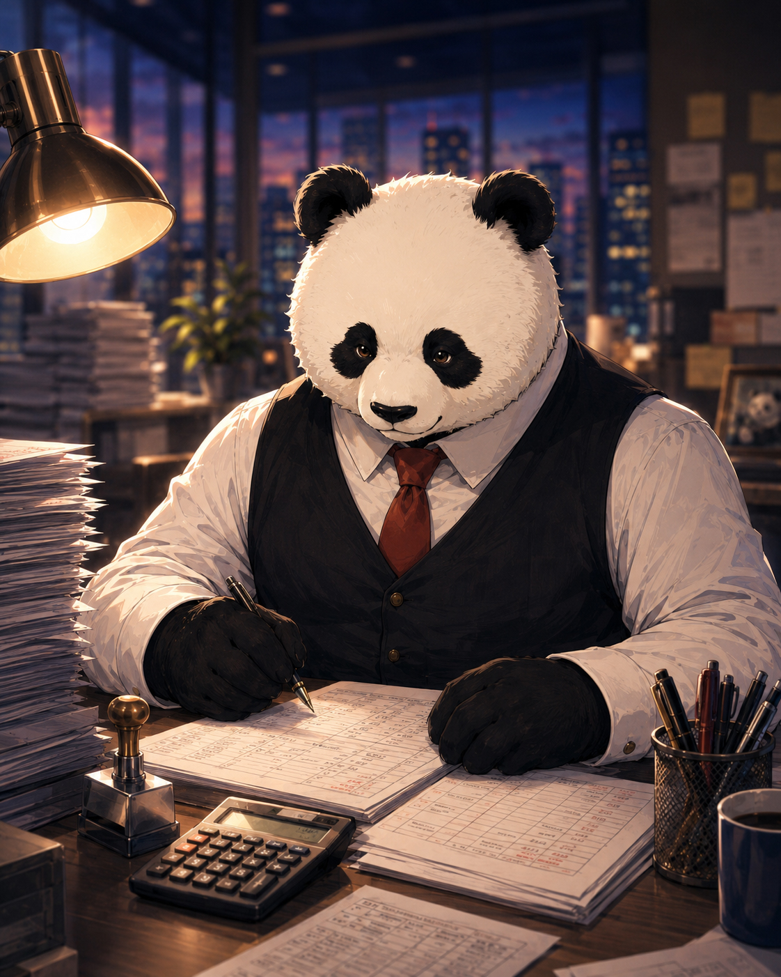Payroll Panda character portrait at a payroll desk with forms, calculator, and stamp