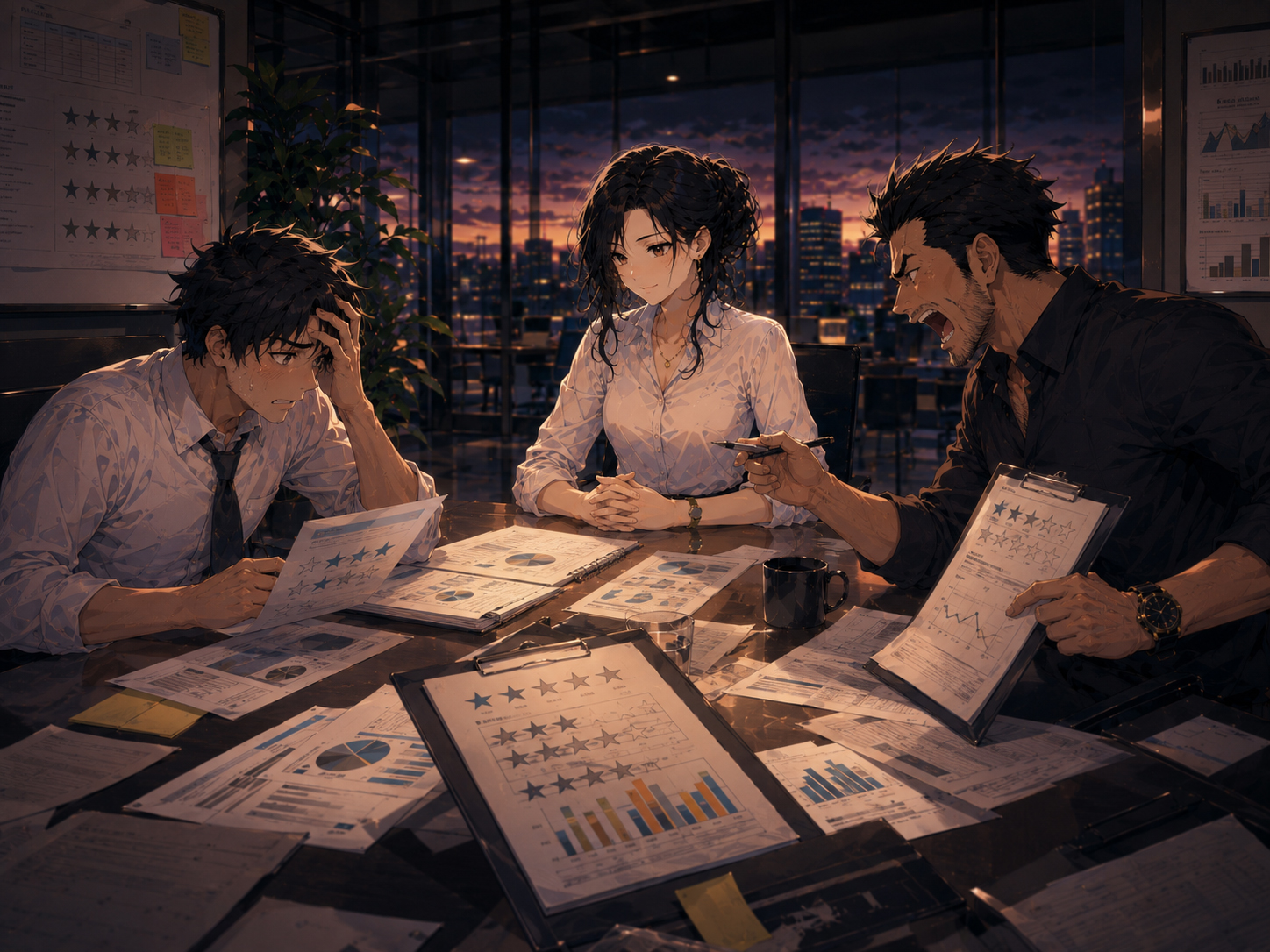 Hana Resources mediating a dramatic performance review with charts and scorecards