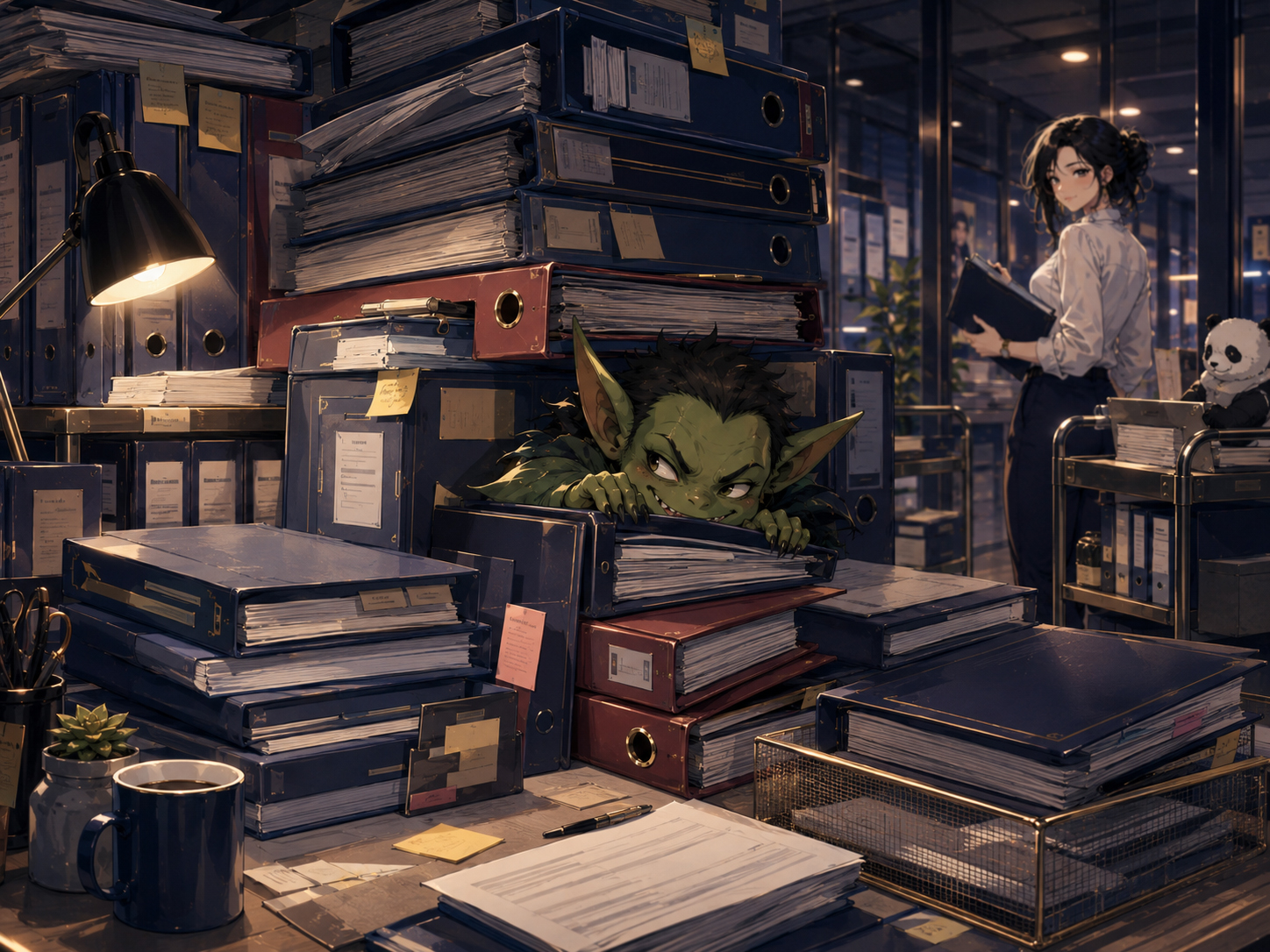 Policy Goblin hiding in a stack of employee handbooks
