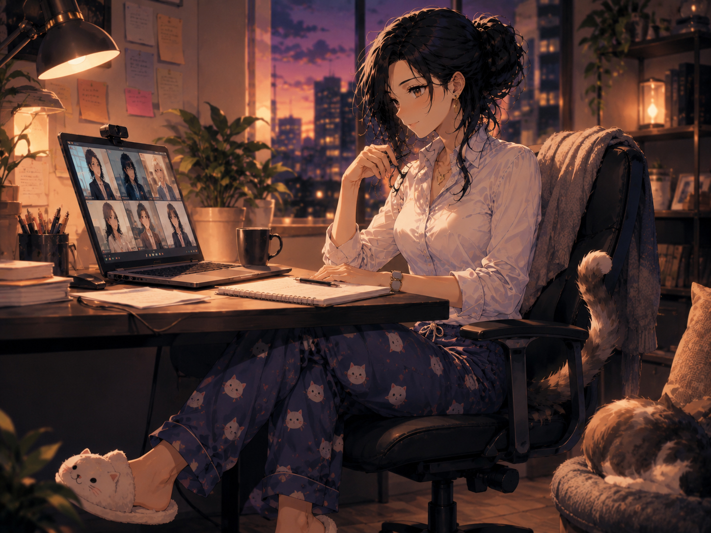 Remote work pajama meeting in a home office