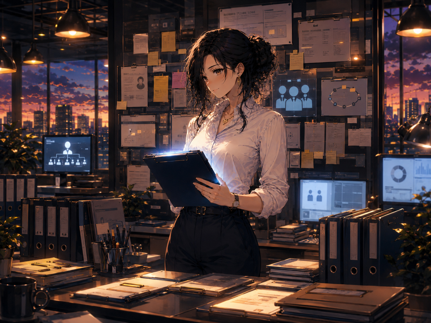 Hana Resources standing at an HR clipboard command center with files, charts, and office systems