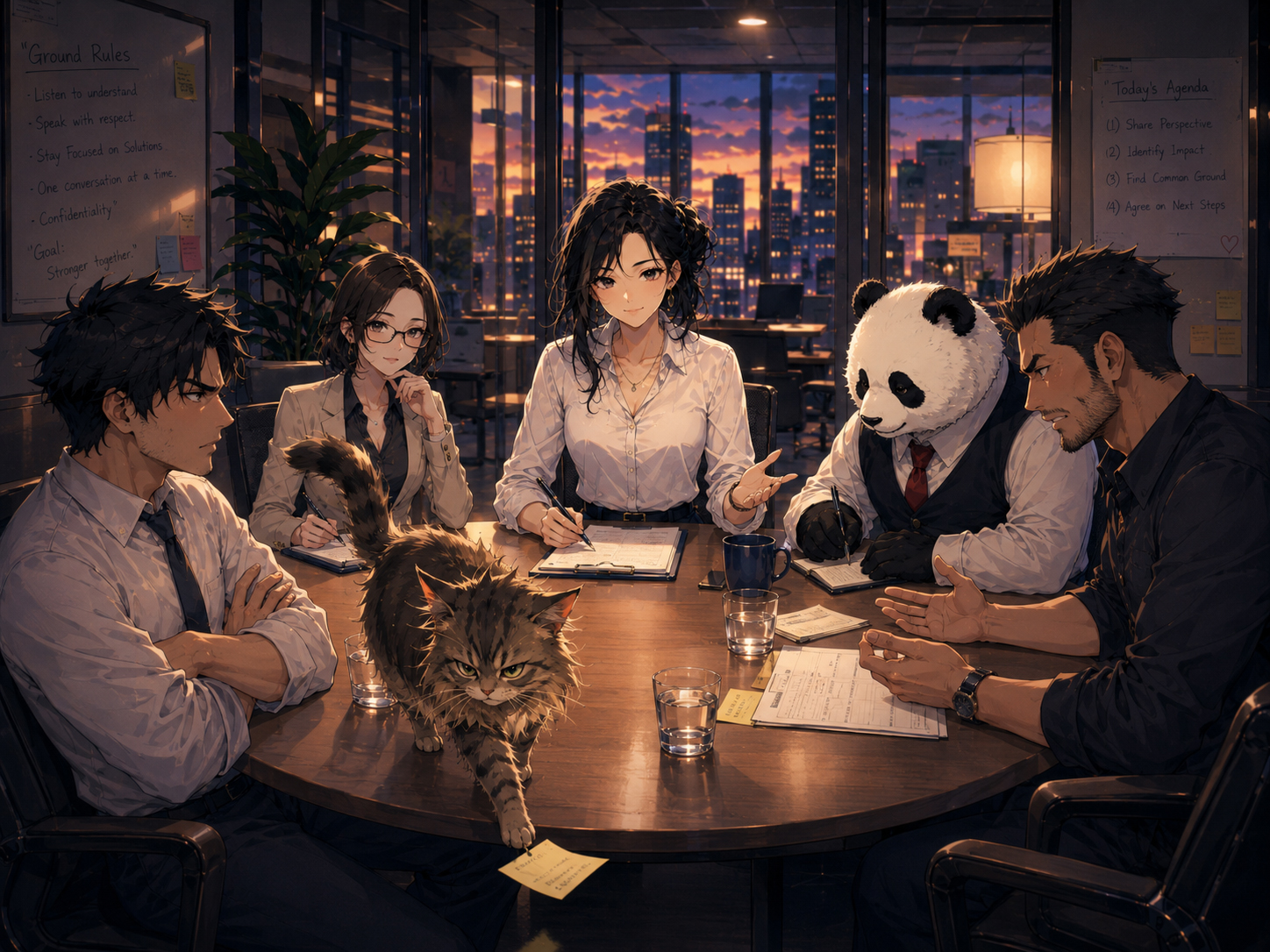 Hana Resources mediating workplace conflict while Conflict Cat crosses the meeting table